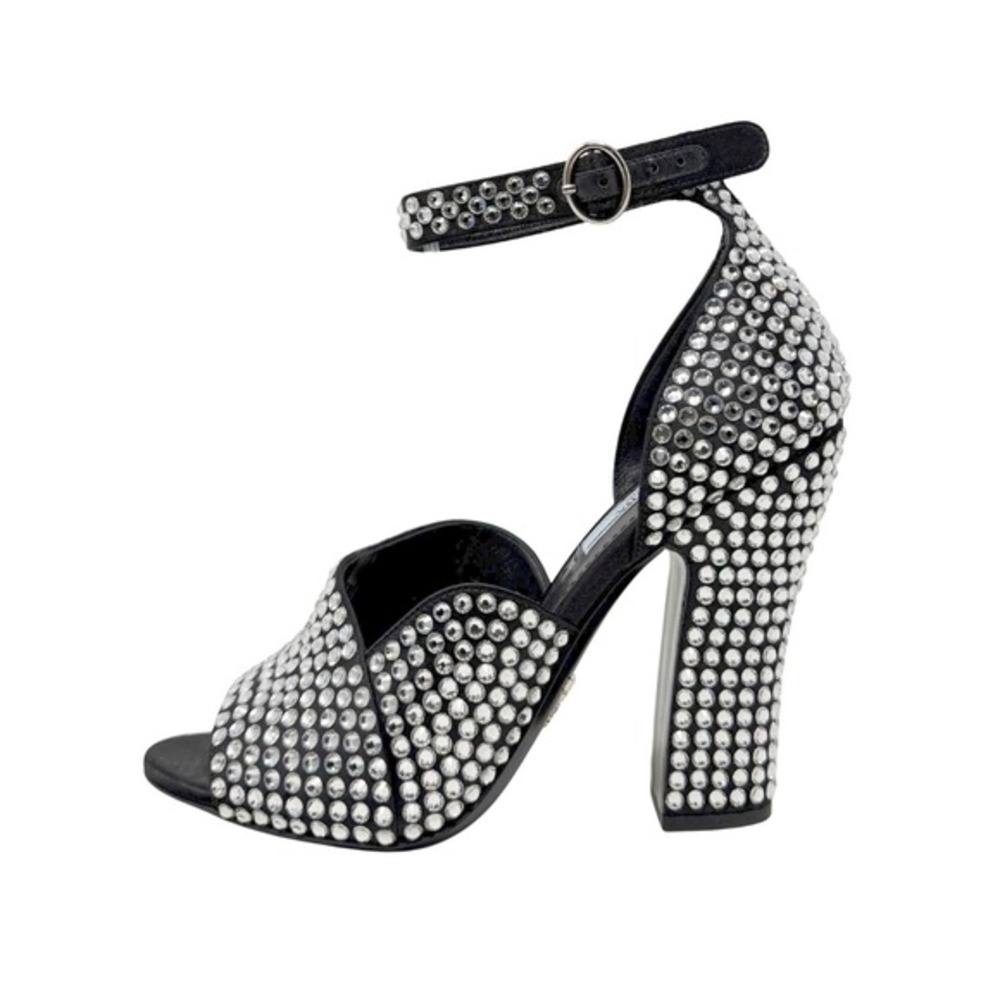 Prada‎ Black Crystal Sandals Block Heel Ankle Strap Heels 37
